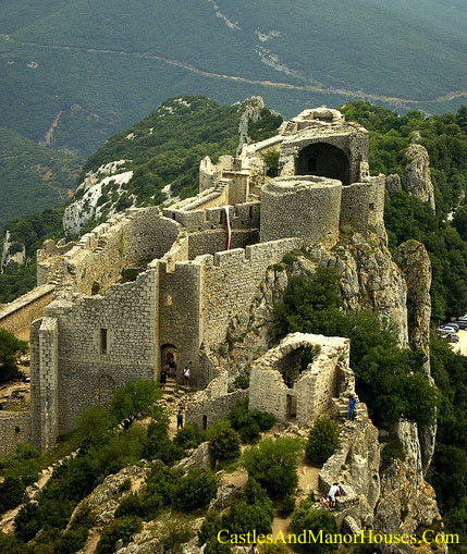 Peyrepertuse is a ruined fortress and one of the Cathar castles of the Languedoc located in the French Pyrénées in the commune of Duilhac-sous-Peyrepertuse, in the Aude département - www.castlesandmanorhouses.com
